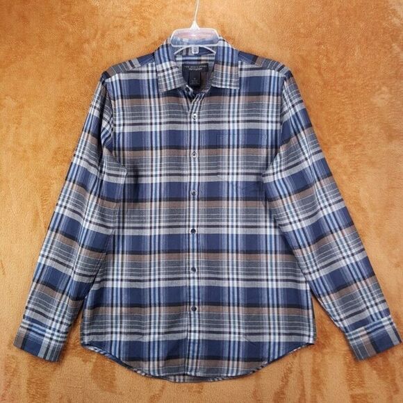 BLOOMINGDALES Mens Shirt Medium Blue Plaid Button Up Flannel Casual Pocket - Picture 1 of 7